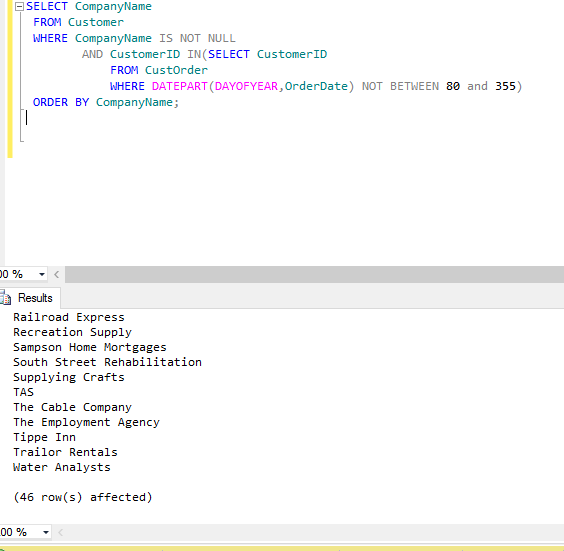 Selecting company names that are not empty and no orders between 80 and 365 days